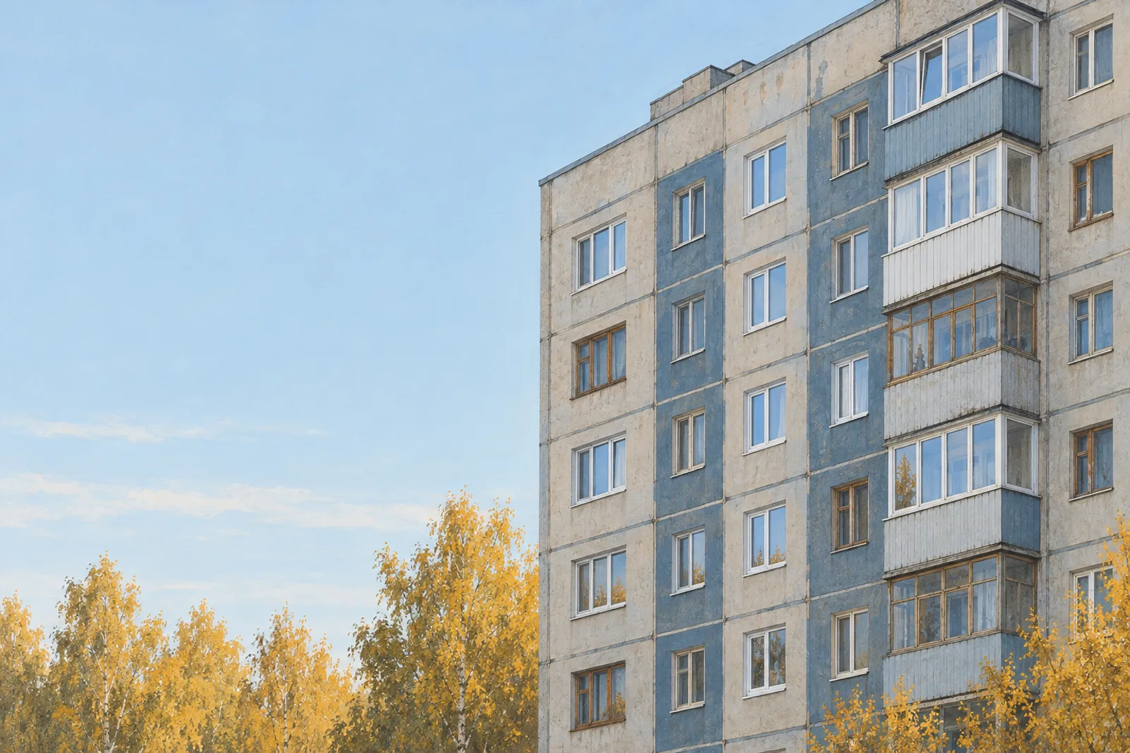 Панельный дом в Уфе осенью, часть окон новые пластиковые